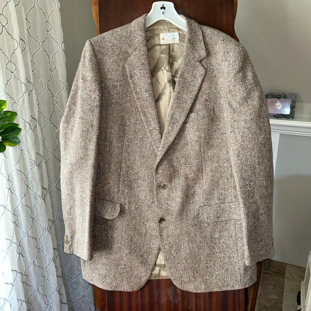 Magee Donegal Tweed Blazer Beige Herringbone Speckled Wool Jacket Size 44 L
